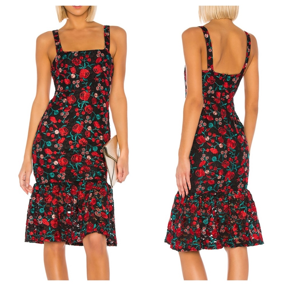 Lovers + Friends Under The Stars Midi Dress Floral Embroidered In Red Size L